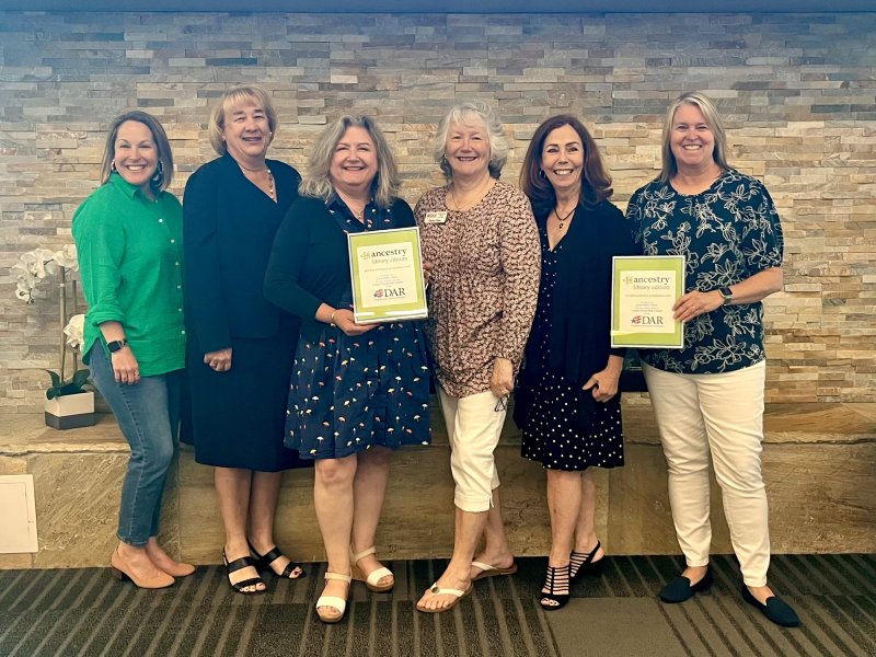 Daughters of the American Revolution, Col. David Hall Chapter members present the Lewes Public Library with a subscription to Ancestry and a donation to the children’s library. Shown are (l-r) Library Director Jill DiPaolo, DAR Vice Regent Janet Maher, DAR Regent Beth Bowersock, past DAR Regent Patricia Hass, DAR Librarian Mary Alice Kelly, and Library Assistant Director Kristen Gramer. SUBMITTED PHOTO